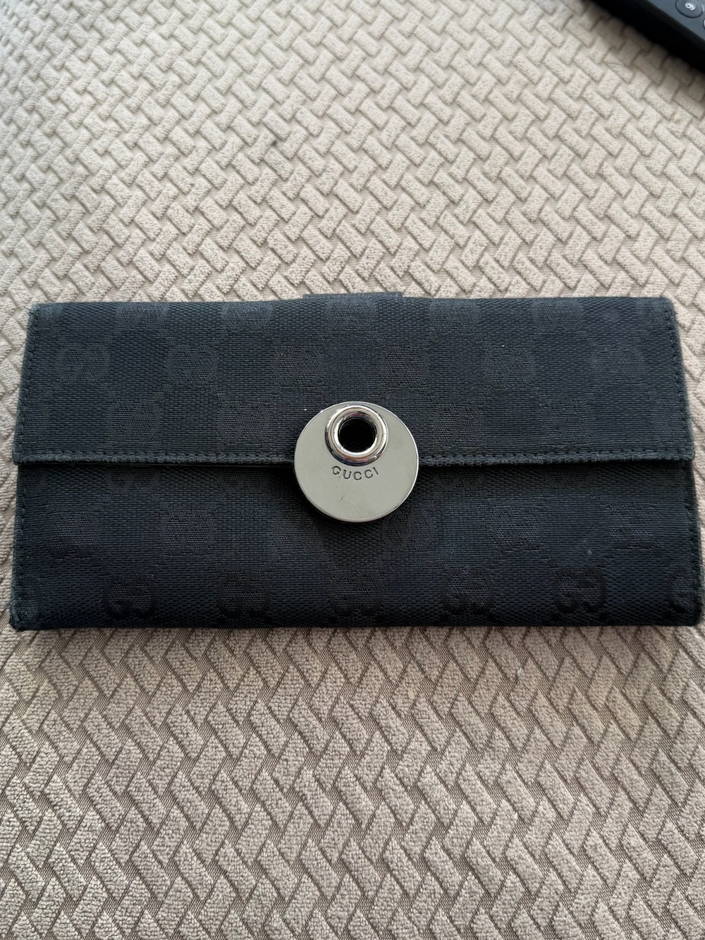 Authentic Gucci Black GG Canvas Snap Continental Wallet with Silver-Tone Accent